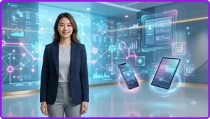 Hình ảnh cận cảnh smartphone hiển thị giao diện dữ liệu phát sáng trên nền tối