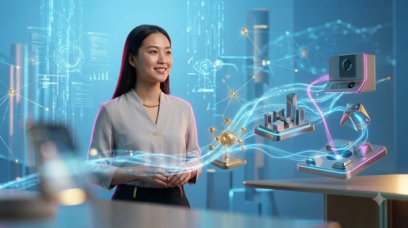 Minh họa lời kêu gọi bắt đầu đồng bộ thiết bị ngay hôm nay với ánh sáng cyan và vàng