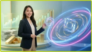 Minh họa vòng quay miễn phí trên nền tối cao cấp với các biểu tượng phần thưởng hologram xoay quanh
