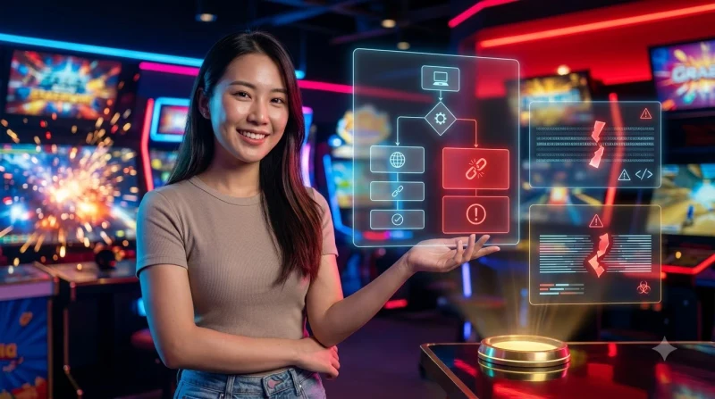 nguoi-choi-kiem-tra-cac-dau-hieu-loi-game-arcade-qua-man-hinh-chan-doan-voi-bieu-tuong-ket-noi-va-cai-dat Người chơi kiểm tra các dấu hiệu lỗi game arcade qua màn hình chẩn đoán với biểu tượng kết nối và cài đặt