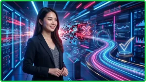 Người dùng kiểm tra giao dịch lỗi trên nền tảng cao cấp qua laptop với màn hình hologram cảnh báo