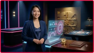 Tổng quan bàn cược roulette cao cấp với bánh xe vàng và chip xếp chồng trên nền casino sang trọng